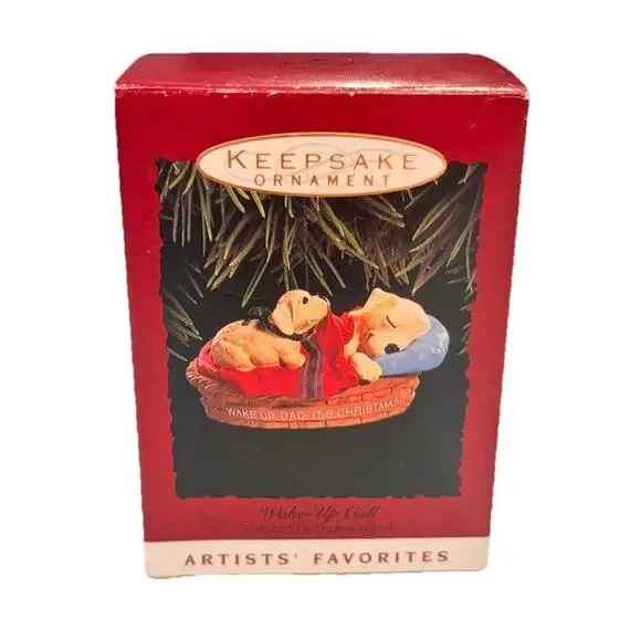1993 Hallmark Christmas Ornament WAKE-UP CALL Dad Yellow Lab Puppy Dog In Bed