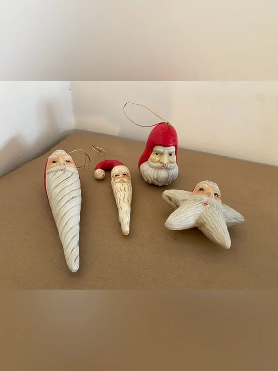 Vintage set of 4 Santa Ornaments - star, bell and icicle shapes, Belsnickle, red