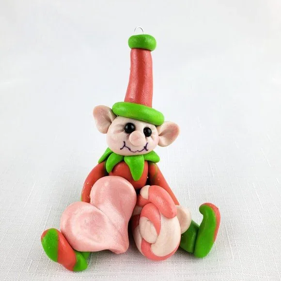 Vintage Handmade Christmas Elf W/ Heart & Candy Polymer Clay Christmas Ornament