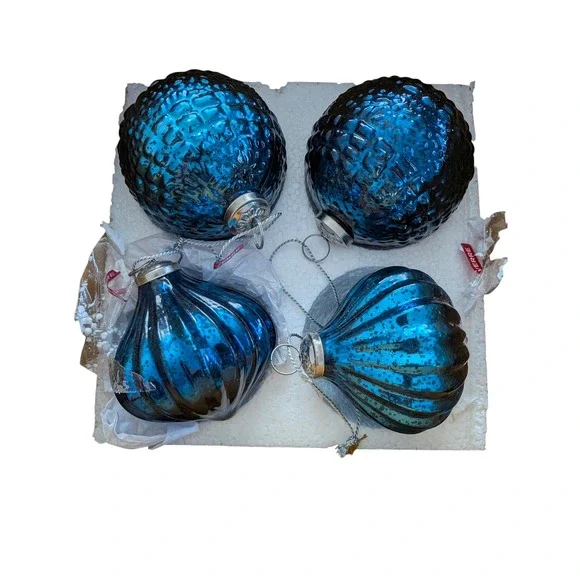 Blue Mercury Glass Christmas Ornaments Set of 4 Textured Teardrop Round Holiday