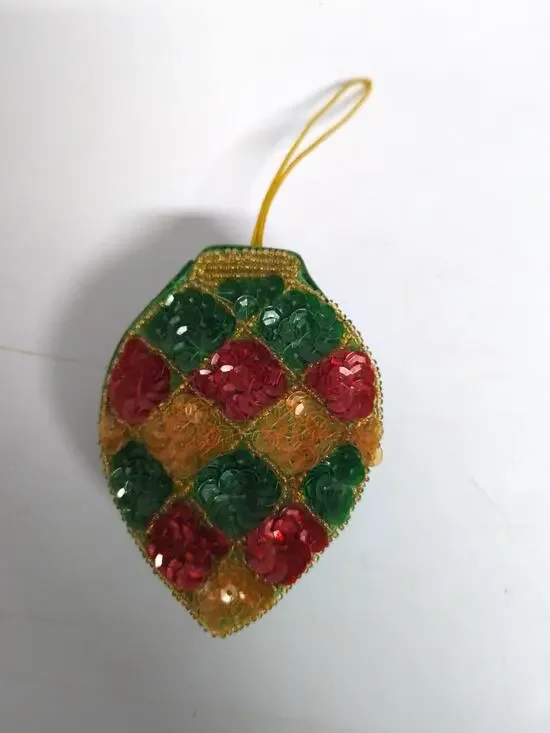 Vtg 4” Christmas Ornament Green With Colored Sequin Bead Trinket Box Ornament