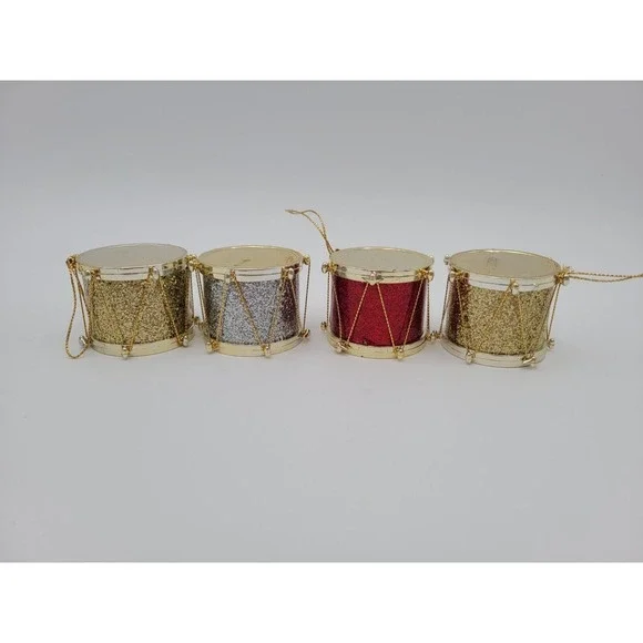 Vintage Lot Of 4 Glitter Drum Christmas‎ Ornaments Gold Red Silver Hanging
