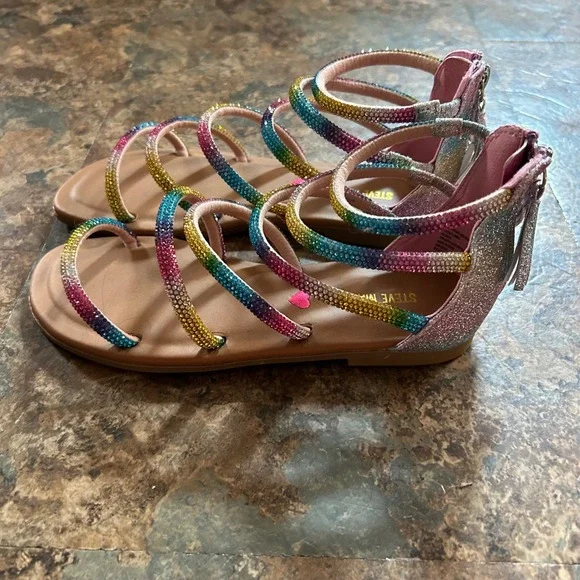 Steve Madden Sandals Girls Size 2 Rainbow Sparkly Open Toe Shoes Tassel