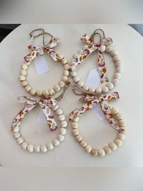 4 Handmade Fall Wood Beaded Wreath Ornaments With Mushroom Print Bows