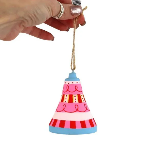 Hand-Painted Bell Ornament Pink Christmas Holiday‎ Decor Whimsical Festive NWT