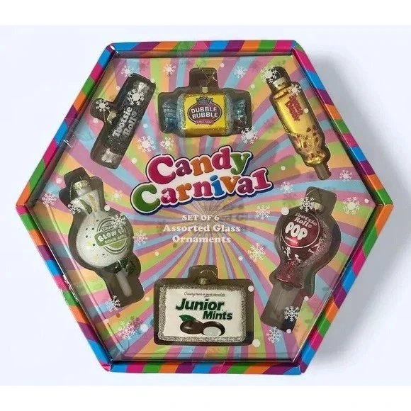 Candy Carnaval Blown Glass‎ Christmas Ornaments Set of 6.