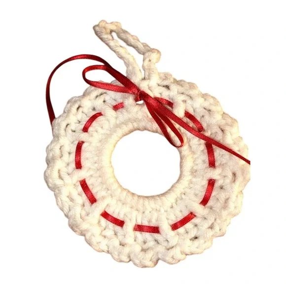 Handmade Crochet Wreath Ornament White Red Ribbon Cottagecore Christmas Decor