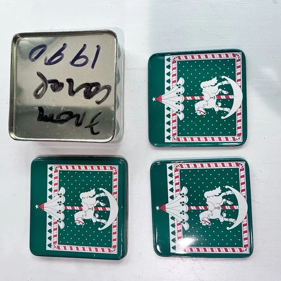 1990 Tin Vintage Coasters Set Of 6 Christmas Cork‎ Back Marry Go Around Green