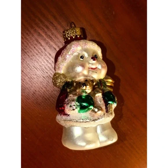 Vintage Glass Santa Christmas Ornament with Teddy Bear Iridescent Glitter Z0790
