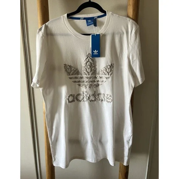 adidas Originals Men's L White Short Sleeve Crew Neck Trefoil Logo Graphic Tee
