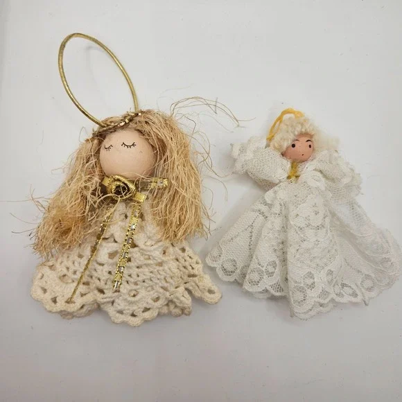 Vintage Handmade Angel Christmas Ornaments Lot of 2 Crochet Lace Wood‎ Head
