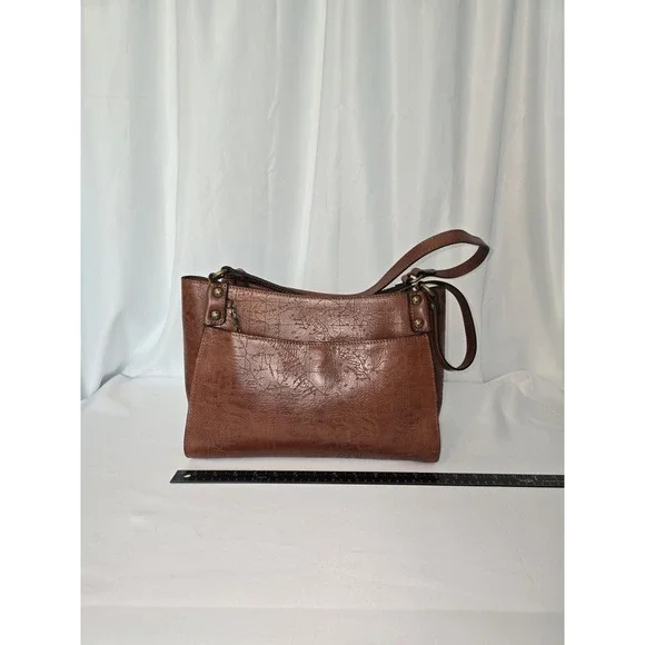 Patricia Nash Brown Leather Romina Vintage Laser Map Shoulder Handbag Purse