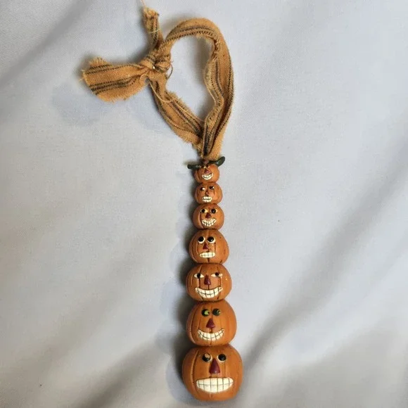 Gail West Halloween Stacked Jack O Lantern Pumpkin Ornament 7 Faces Folk Art