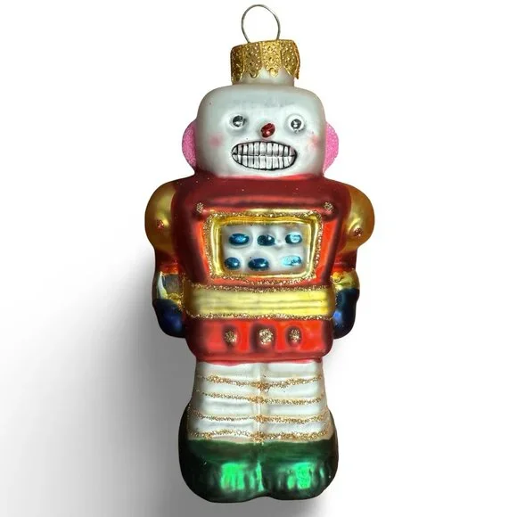 Vintage UT Glass Robot Christmas Ornament Retro Hand Painted‎ Multicolor Glitter