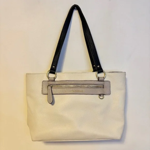 Liz Claiborne Jess Shopper Faux Leather Tote Bag Purse Cream Black Handles