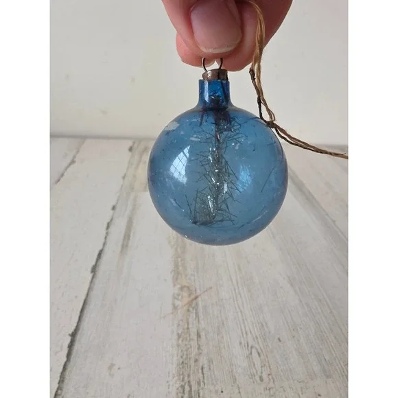 Antique tinsel unsilvered Blue ornament Xmas tree