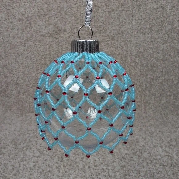 Handmade Beaded Christmas Ornament Blue‎ Red Clear Plastic Ball Holiday Decor