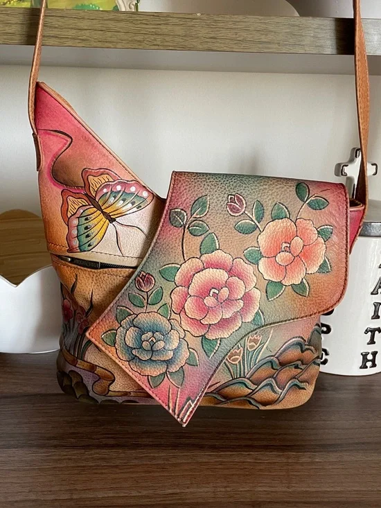 Anuschka Hand-Painted Floral & Butterfly Shoulder Bag