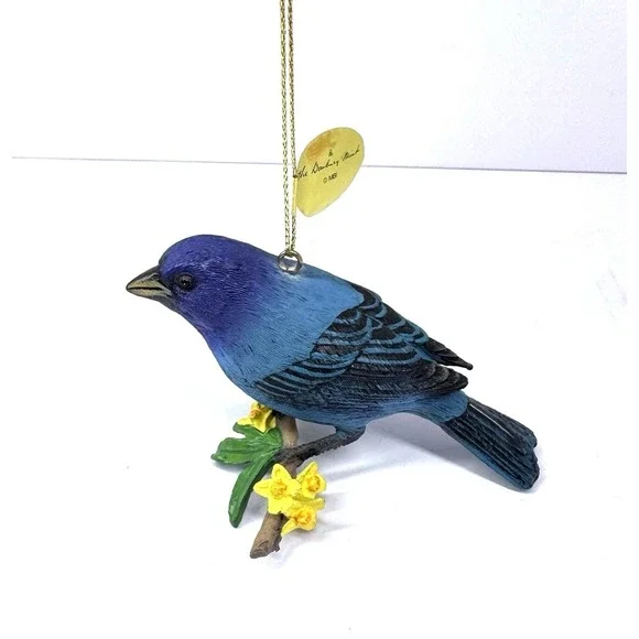 Danbury Mint Indigo‎ Bunting Bird Ornament Blue Songbird Yellow Flowers Tag