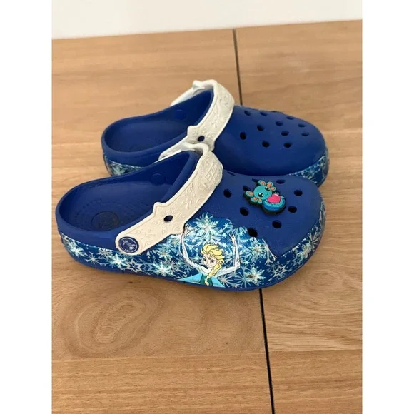 Crocs Kids Frozen Elsa Blue Clogs Snowflake Print Shoes Size 12