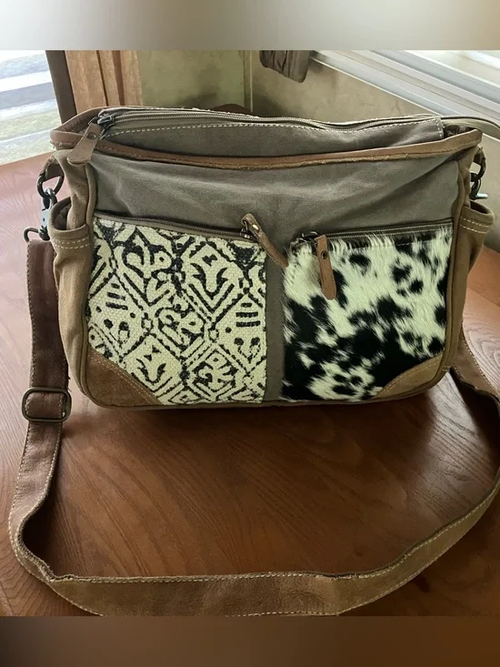 Myra Bag Patchwork Canvas Shoulder Bag with Black and White Pattern