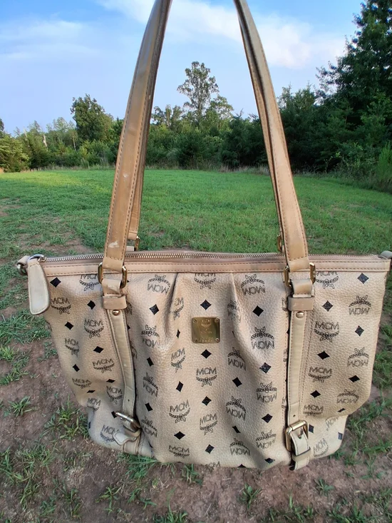 MCM Visetos Beige Logo Monogram Tote Bag Vintage