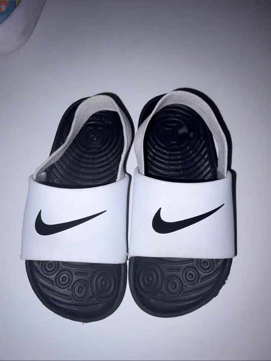 Nike Kids White and Black Slide Sandals with Swoosh