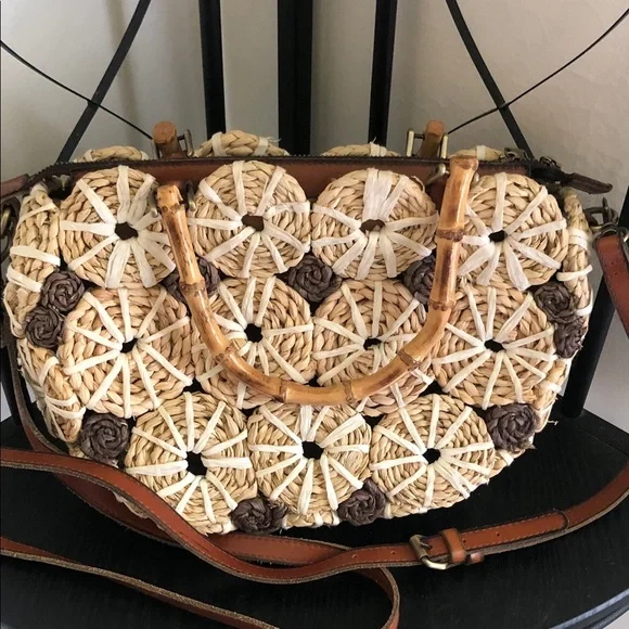 Patricia Nash rare Y2k palmarola satchel Woven Straw bamboo  - Cream & Brown