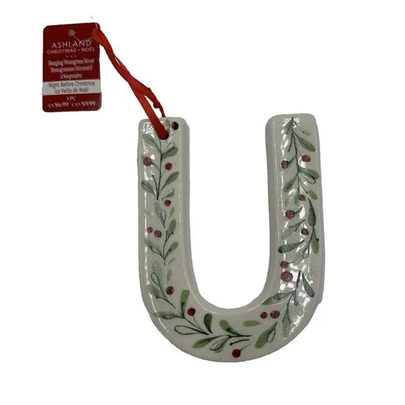 U Letter Ceramic Initial Monogram Christmas Holly Berry Ornament  Ashland 4.5