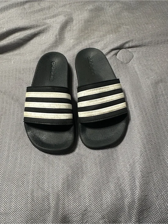 adidas Kids Black Slides with White Stripes