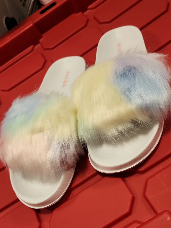 Pastel Rainbow Faux Fur Slide Sandals - White