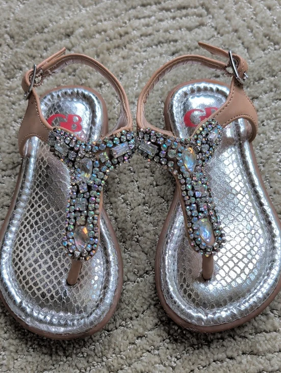 Girls Jeweled T-Strap Sandals in Nude with Iridescent Accents
