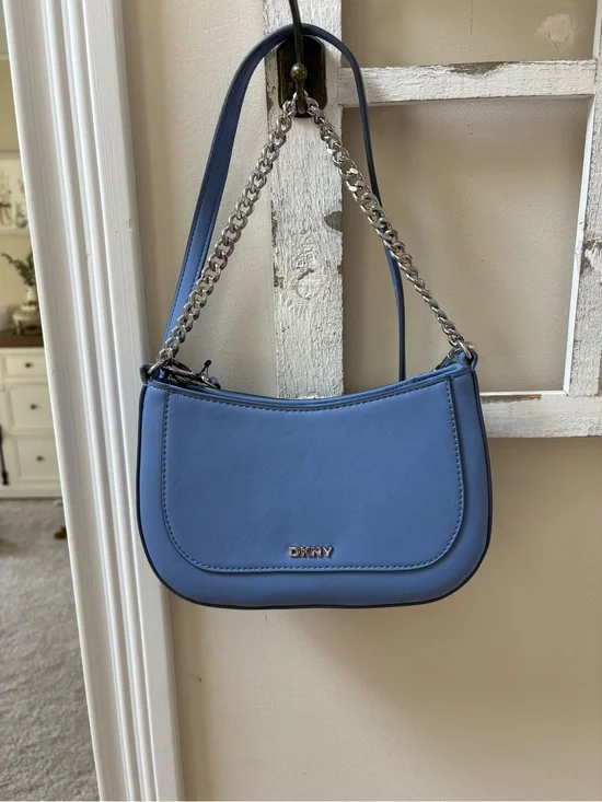DKNY Light Blue Leather Shoulder Bag with Silver Chain