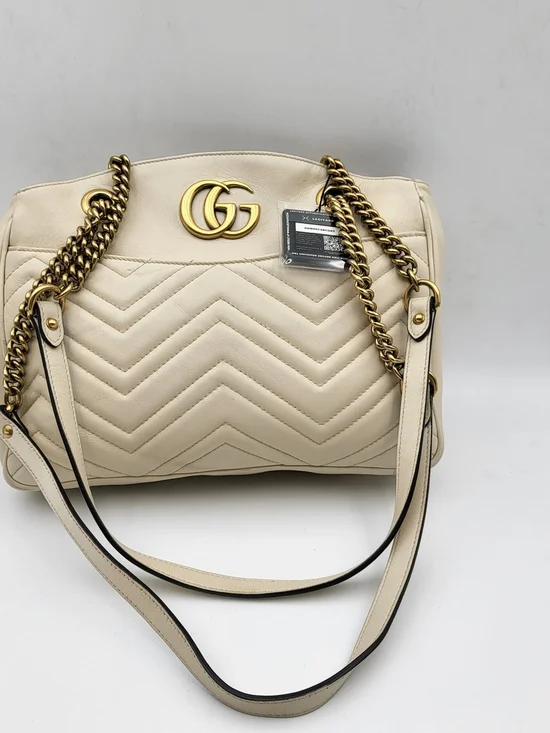 Gucci Matelasse Leather GG White Chevron Quilted Shoulder Bag, Auth w/COA.