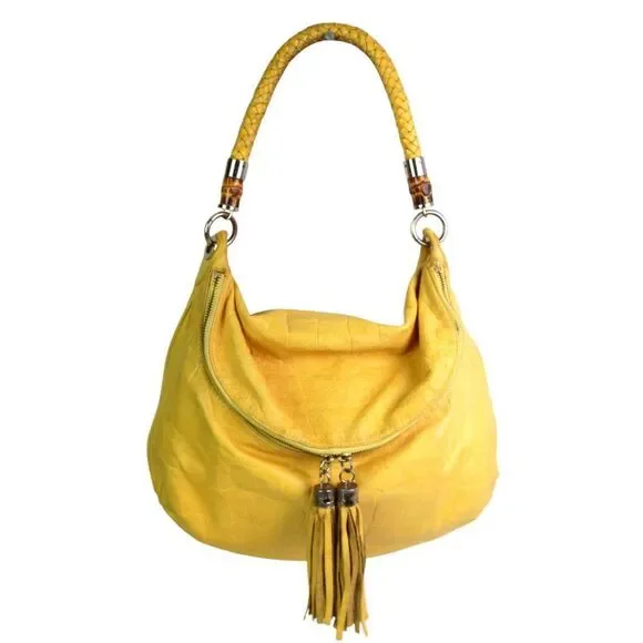 ROOMY Elaine Turner TOOLED YELLOW REAL LEATHER TASSELS SHOULDER BAG HOBO HANDBAG