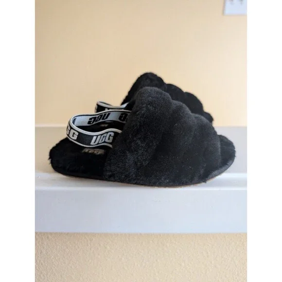 Ugg Toddler Girl's Fluff Yeah Sheepskin Slingbacks Clogs Slides Sandals Black 12
