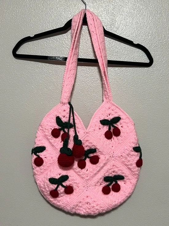 Handmade Pink Crochet Cherry Hand Bag Pom Pom’s Summer Adorable