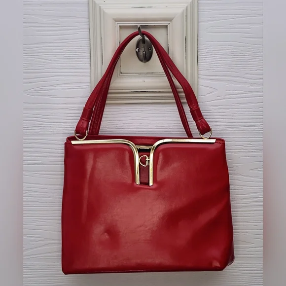 VTG 1950’s Red Faux Leather Handbag w/ Double Top Handles & Gold Hardware Read