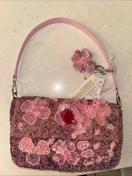 Handcrafted Pink Beaded Floral Shoulder Bag