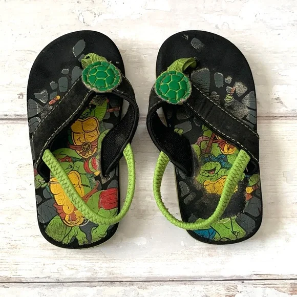 Boys Size 9 Ninja Turtle Flip Flops Sandals Black Green Kids Toddler Shoes