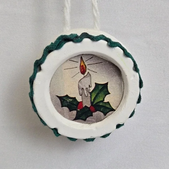Handmade Candle & Holly Christmas Ornament White Green‎ 1.75