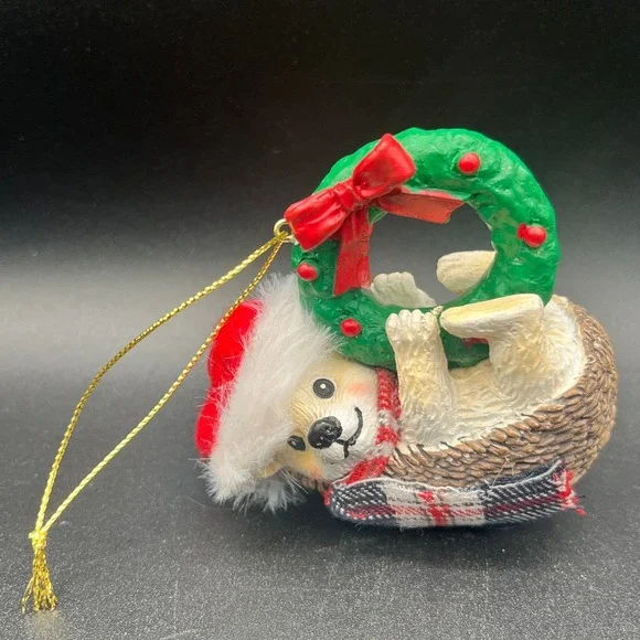 Hedgehog with Santa Hat‎ Plaid Scarf Swinging on Christmas Wreath Ornament 3