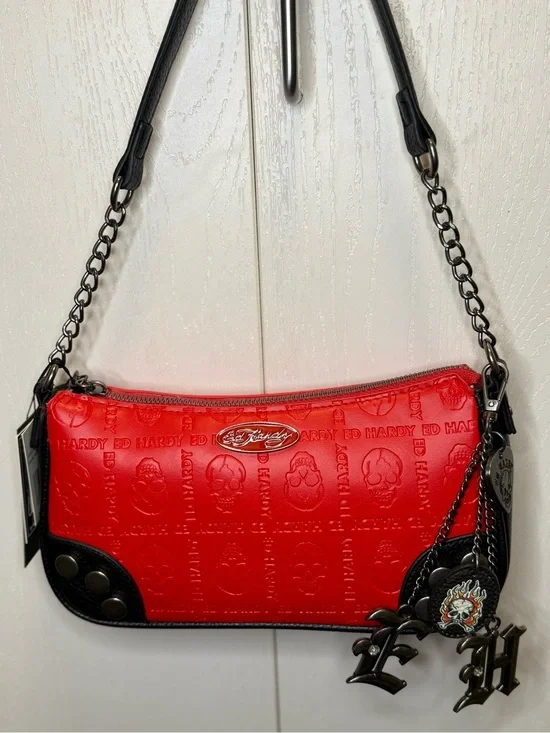 Ed Hardy Embossed Red Y2K Punk Style Shoulder/Crossbody Bag With Charms NWT