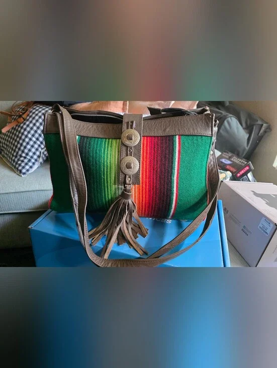 Boho Striped Green & Red Tote Bag with Tassel