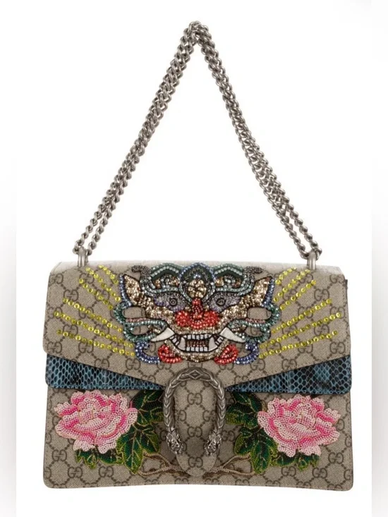 Gucci Dionysus Embellished GG Supreme Shoulder Bag in Beige