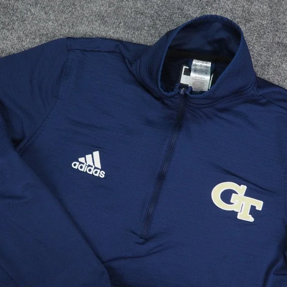 Georgia Tech Pullover Mens Large Adidas Navy Blue Solid 1/4 Zip Yellow Jackets