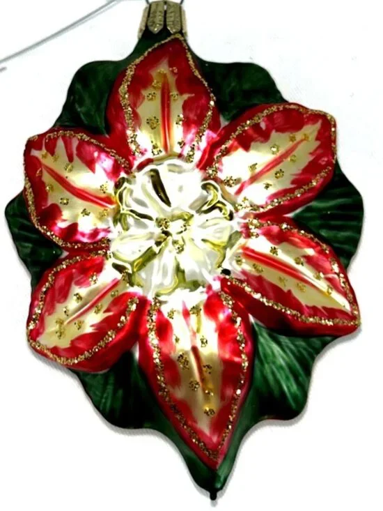 Hawaii Ornament Poinsettia Red Green Blown Glass Handcrafted Double Sided 4.75