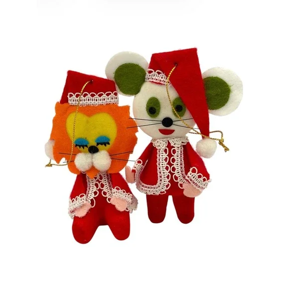 Vintage Felt Christmas Ornaments Lion Mouse White Lace Trim Kitsch Mid Century