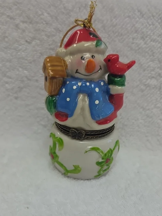 Holiday Snowman Ornament Trinket Box - Blue Scarf, Red Hat