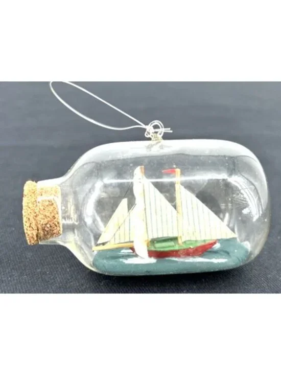 Mast Ship In A Bottle Nautical Christmas Ornament With Wreath Cork 3